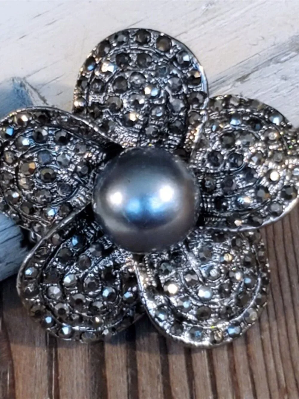 Bold Statement Gunmetal Black Gray Crystal Flower Adjustable Cocktail Ring